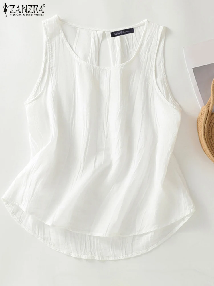 

Летняя модная повседневная Свободная рабочая рубашка без рукавов ZANZEA, элегантная женская блузка 2024, винтажная однотонная блузка