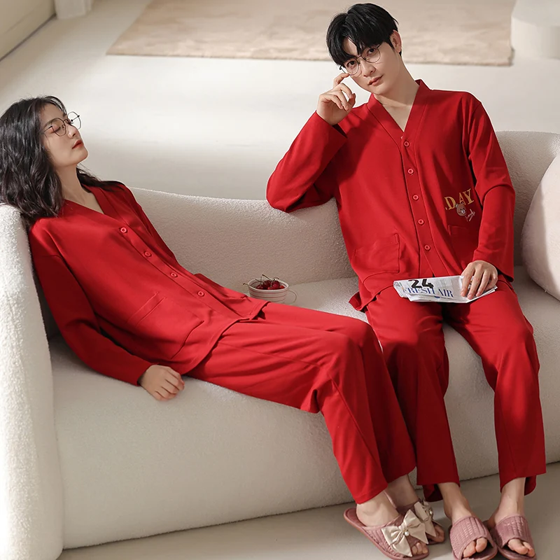 Red couple pajama set all cotton cardigan V-neck cute cartoon letter print on the back men and women\'s spring and autumn pajamas