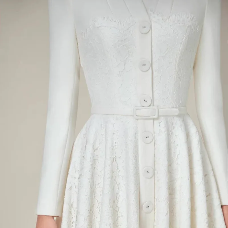 YFPF Elegant Lace Embroider Women's Dress V Neck Long Sleeve Belt High Waist A Line Folds Dresses Fashion Party New Clothing