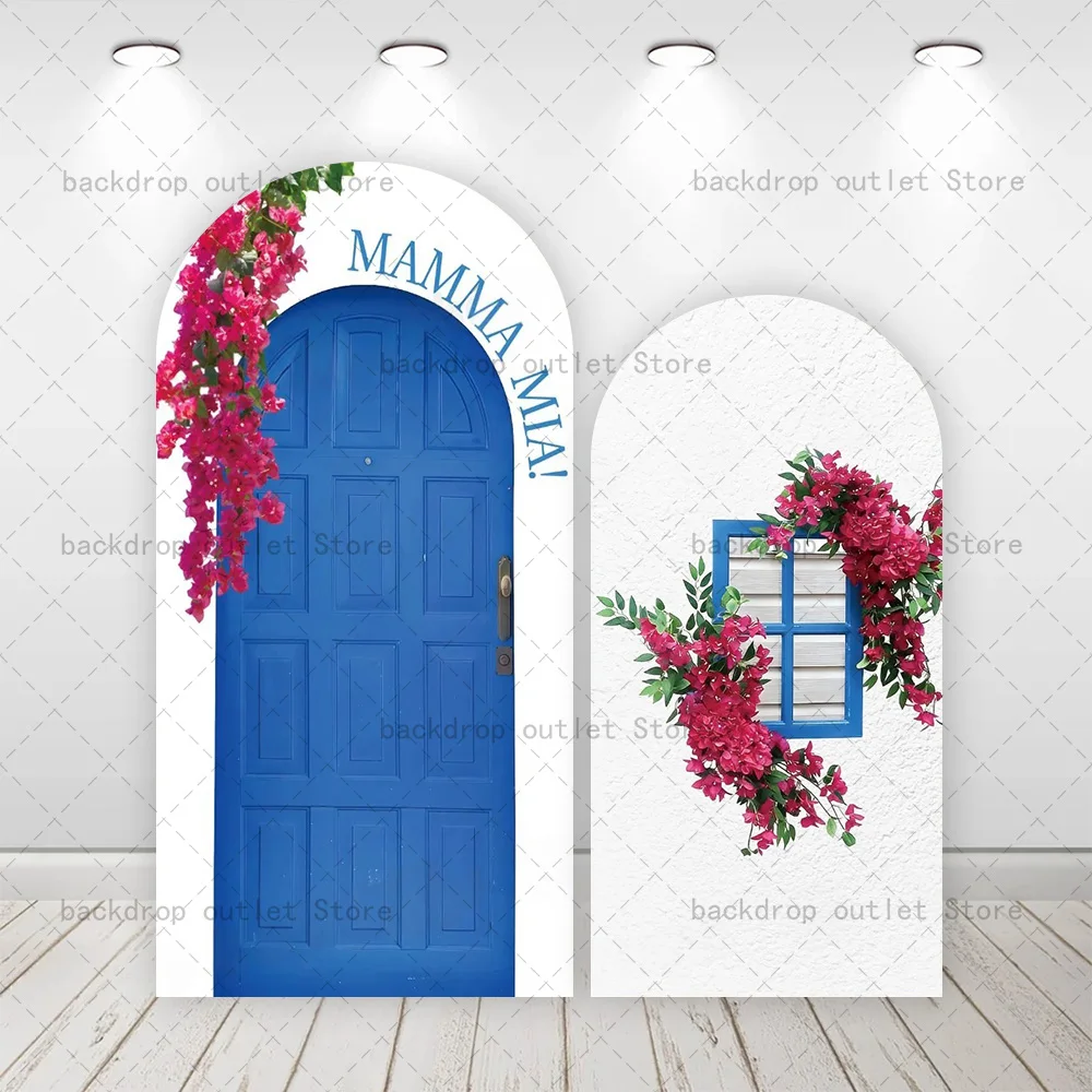 

Mehofond Blue Arch Door Flowers Arch Cover Backdrop Mediterranean Style Wood Door Window Birthday Wedding Arch Background Decor