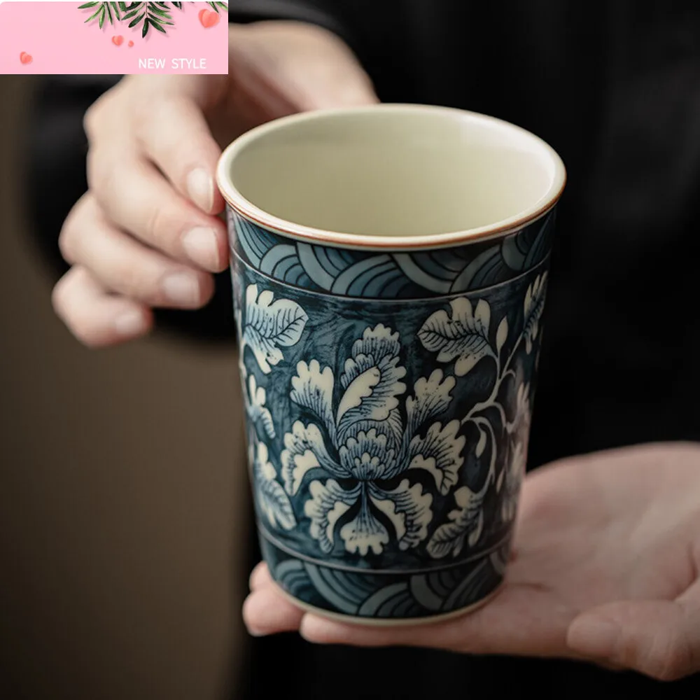

210ML Retro Ru Kiln Porcelain Cola Cup Handmade Blooming Flowers Ceramic Tea Mark Water Mug Coffee Mug Kung Fu Teaset Drinkware