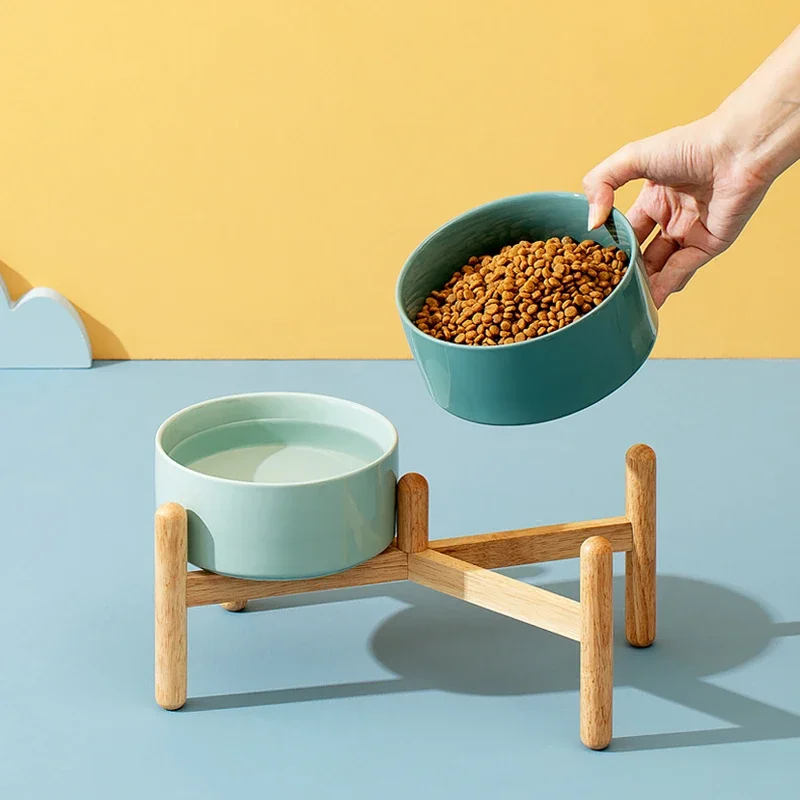 1800ml Big Dogs Bowl Double Ceramic Elevated Pet Food Water Feeders Small Medium Large Dog Feeding Supplies with Wooden Stand