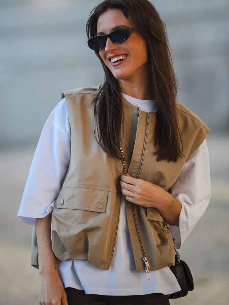 

HH Women's New Fashion Versatile Round Neck Sleeveless Double Zipper Loose Vest Female High Street Pleated Hem Casual Vest