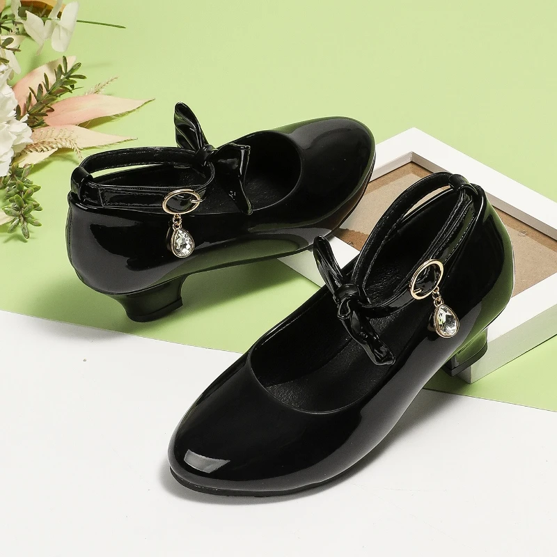 Girls' Black Leather Shoes Spring Autumn Children High Heels with Bowknot Charm Elegant Kids Party Wedding Princess Dress Shoes