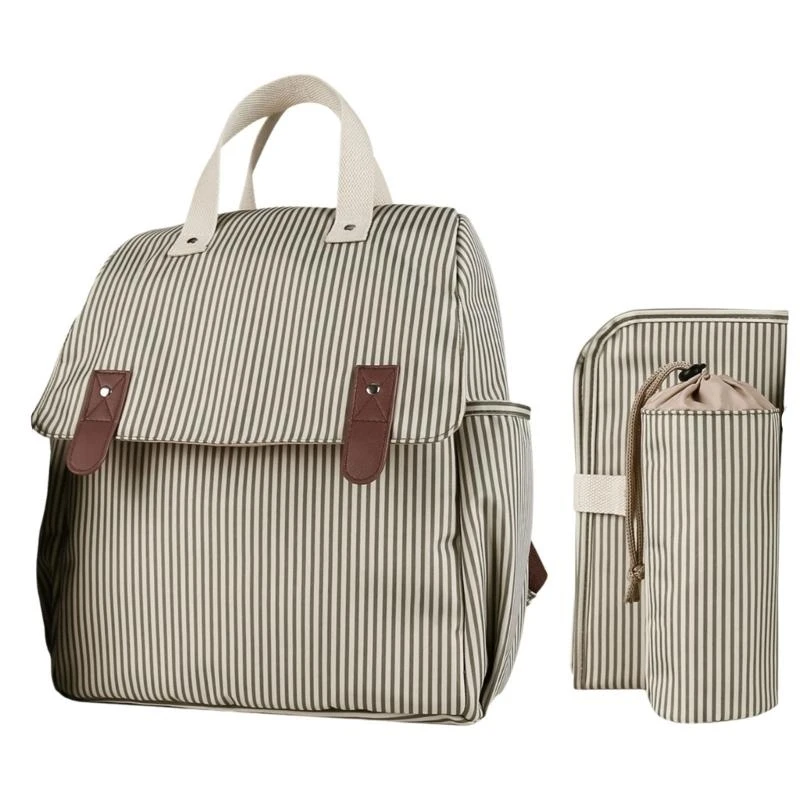 

J15U Fashionable Striped Diaper Storage Bag Backpack Convenient Changing Mat Urine Pad with Portable Bottle Case Orhaniser