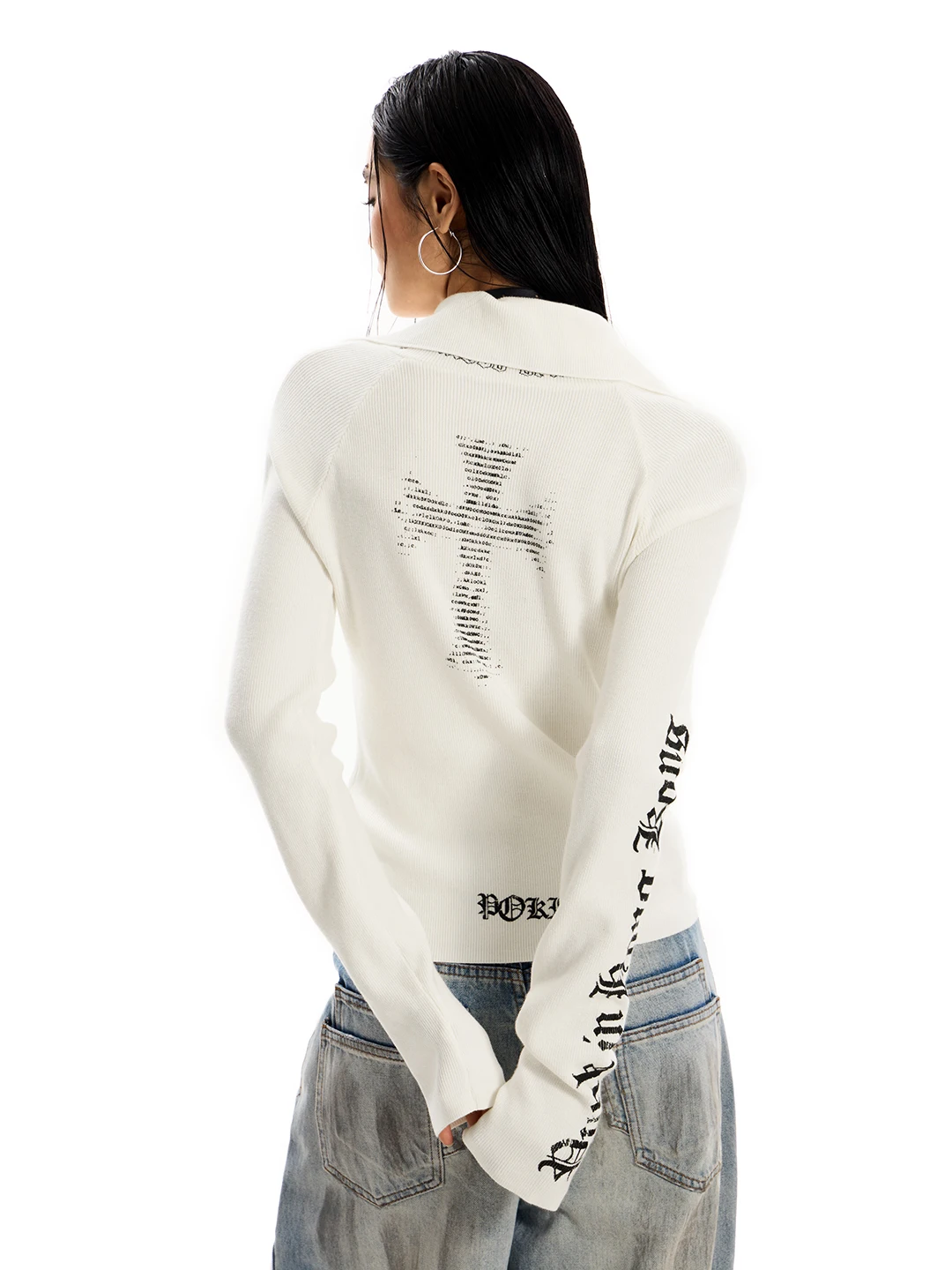 

Gothic Sle Women's Knitted Sweater Coat Slim Fit American Retro Cross Trendy Brand Long Sve Zipper Closure Casual Wear