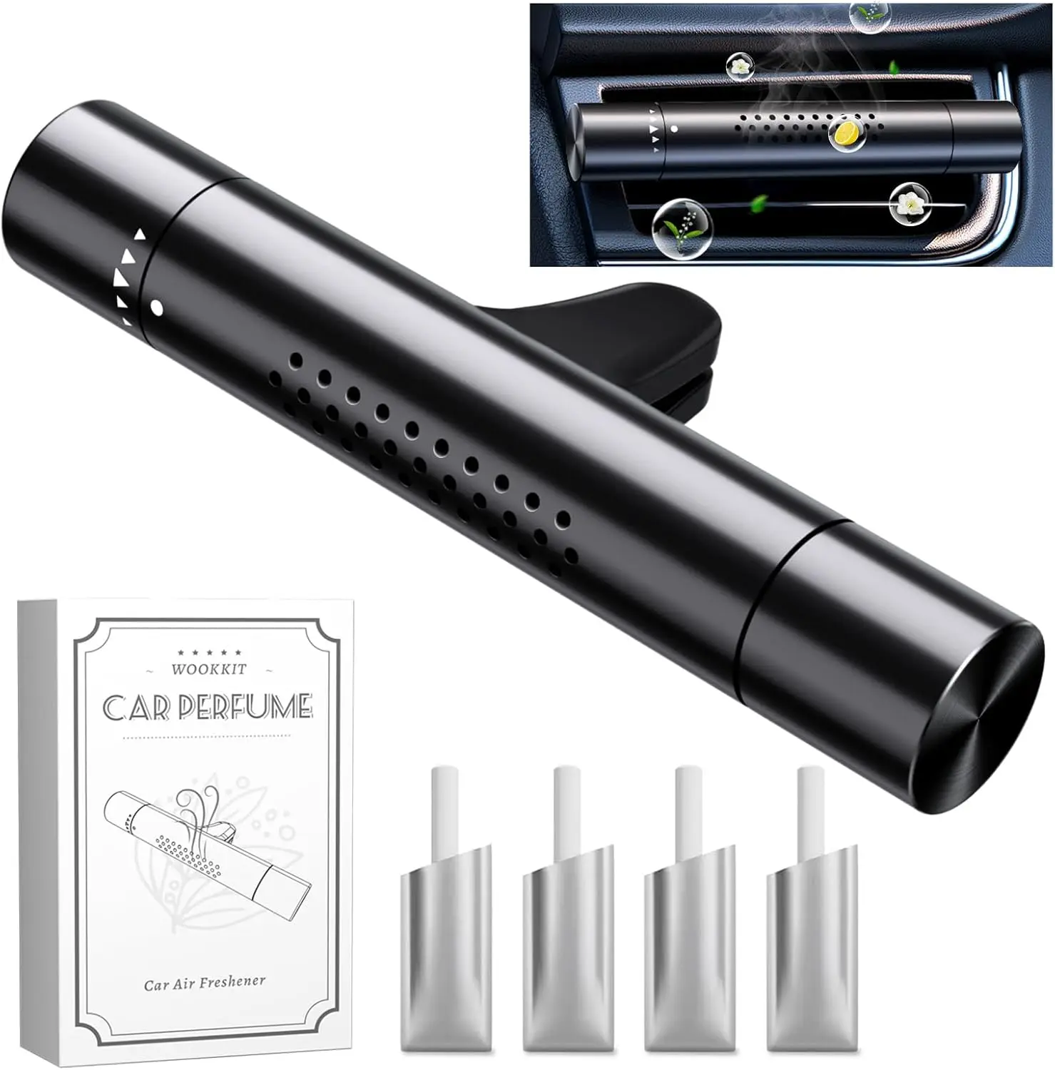 Cylindrical Car Vent Perfume  Aluminum Alloy Car Air Freshener Diffuser 4Pcs Refill Sticks Long Lasting Auto Fragrance