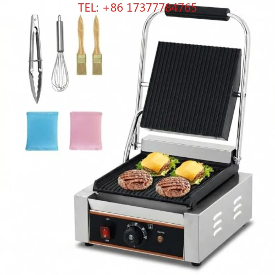 Commercial Panini Press Grill with 9 x 9 Full Grooved Enamel Plate Breakfast Sandwich Maker with Handle and 6 Temp Set