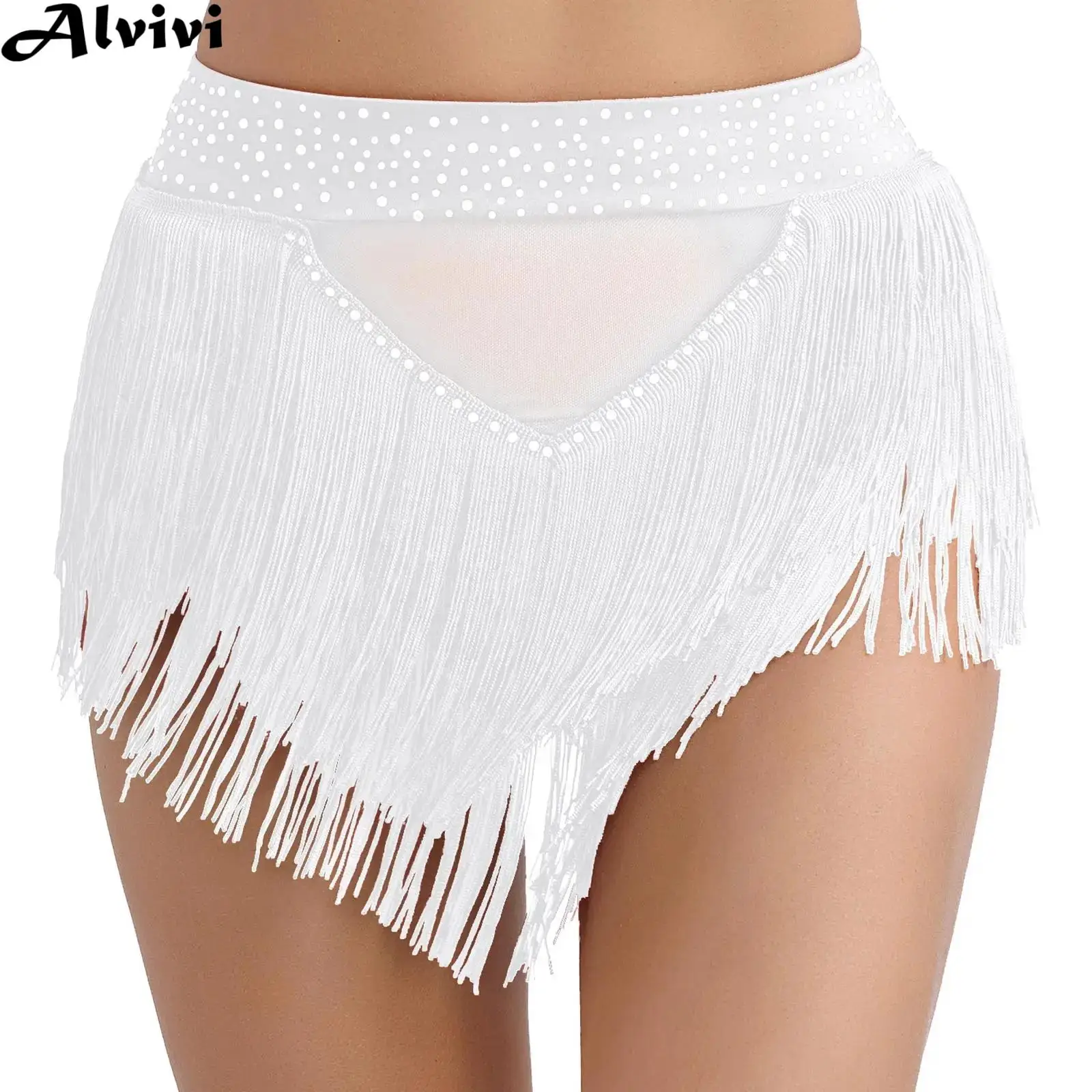 Dames Latin Dansrok Samba Rumba Cha-Cha Buikdansen Podium Danskleding Glanzende Strass Hoge Taille Kwast Shorts