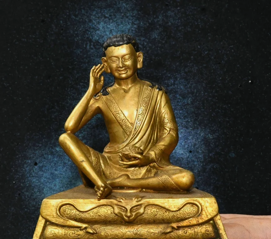 4.3''Old Tibetan Bronze Gilt Buddhism Sit Milarepa Deer Head Buddha Statue