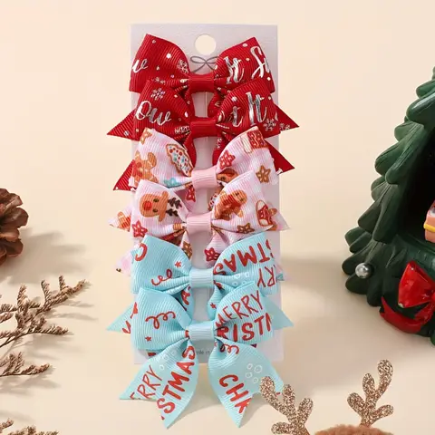 6pcs Christmas Cheer Bowknots Hair Clips Set for Baby Girls Festive Santa Snowflake Hairpins Headwear Hair Accessories