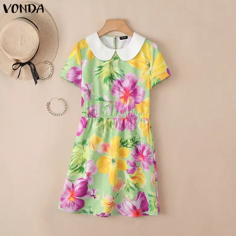 Damen Sommerkleid mit Blumenmuster, Urlaubskleid mit Peter-Pan-Kragen, VONDA 2026, Kurzarm, elastische Taille, A-Linie Robe Femme