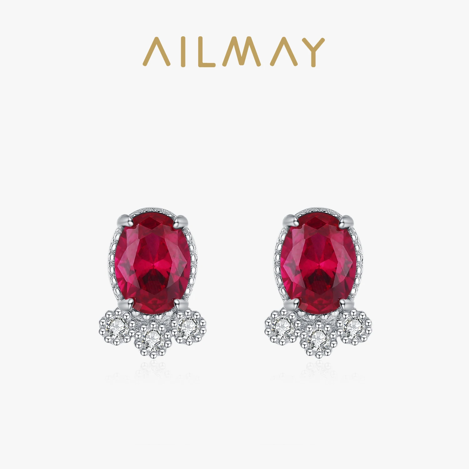 Ailmay Vintage 925 Sterling Silver Geometric Oval Red Zircon Stud Earring For Women Fashion Statement Jewelry