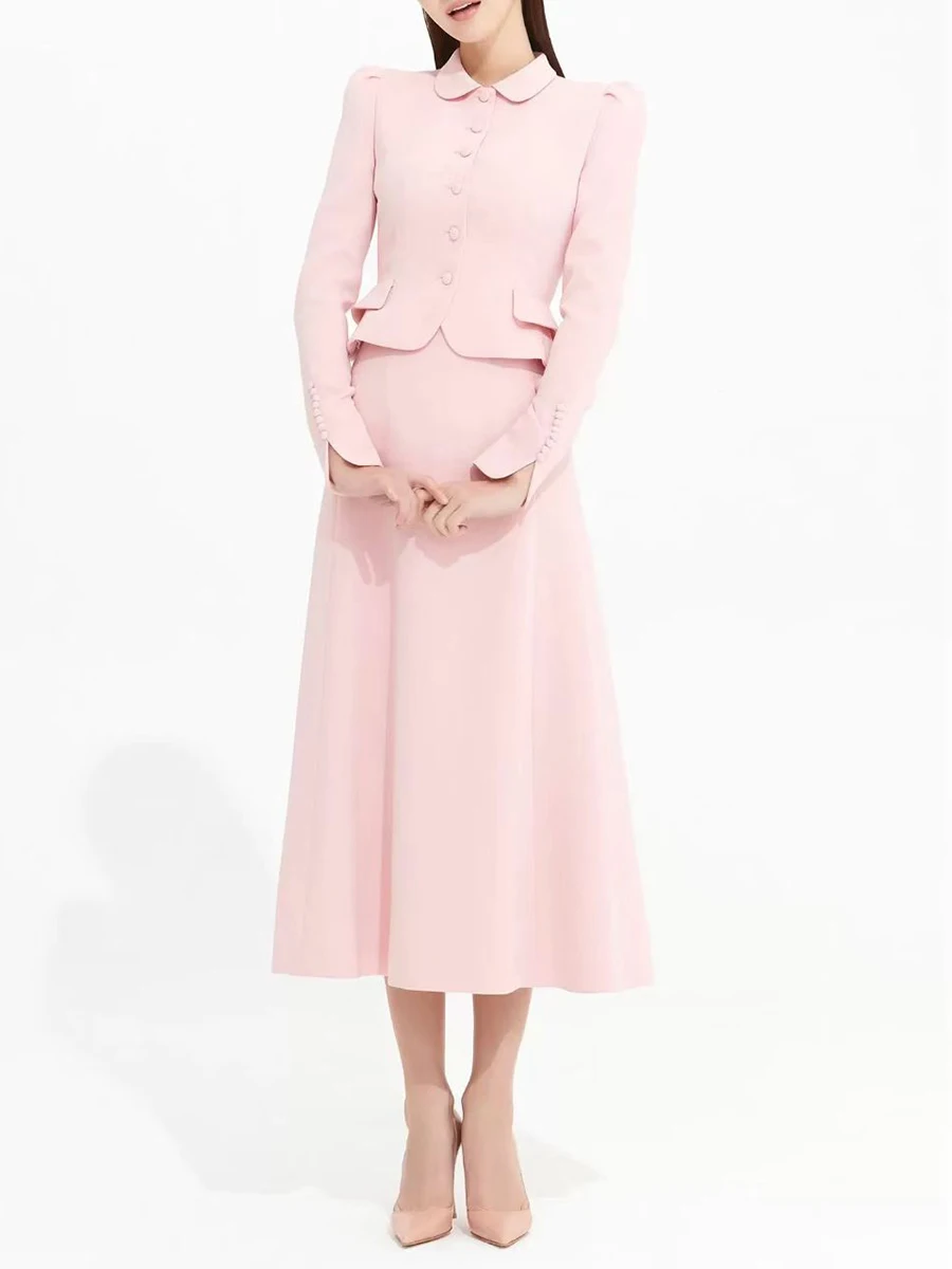 TWOTWINSTYL 여성용 우아한 투피스 세트, 라펠 긴 소매 스플라이스 버튼 코트, 하이웨이스트 롱 스커트 세트 여성 의류