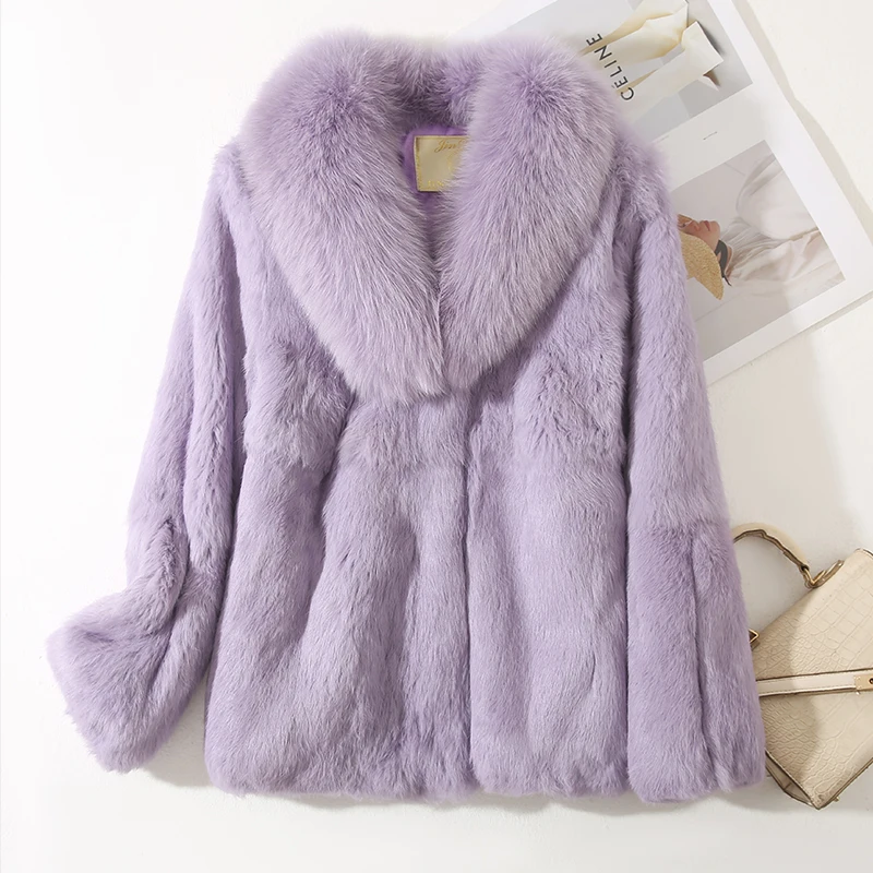 Genuine Whole 100% Real Natural Rabbit Fur Coat With Luxury Natural Fox Fur Collar Jacket Full Pelt Rabbit Fur Overcoat