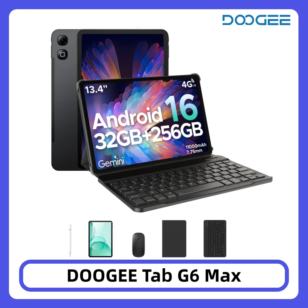 DOOGEE Tab G6 Max 2 in 1 Tablet PC 32GB 256GB 13.4'' FHD+ Display Android 16 Gemini AI 11000mAh 7.7mm Ultra-sottile Widevine L1