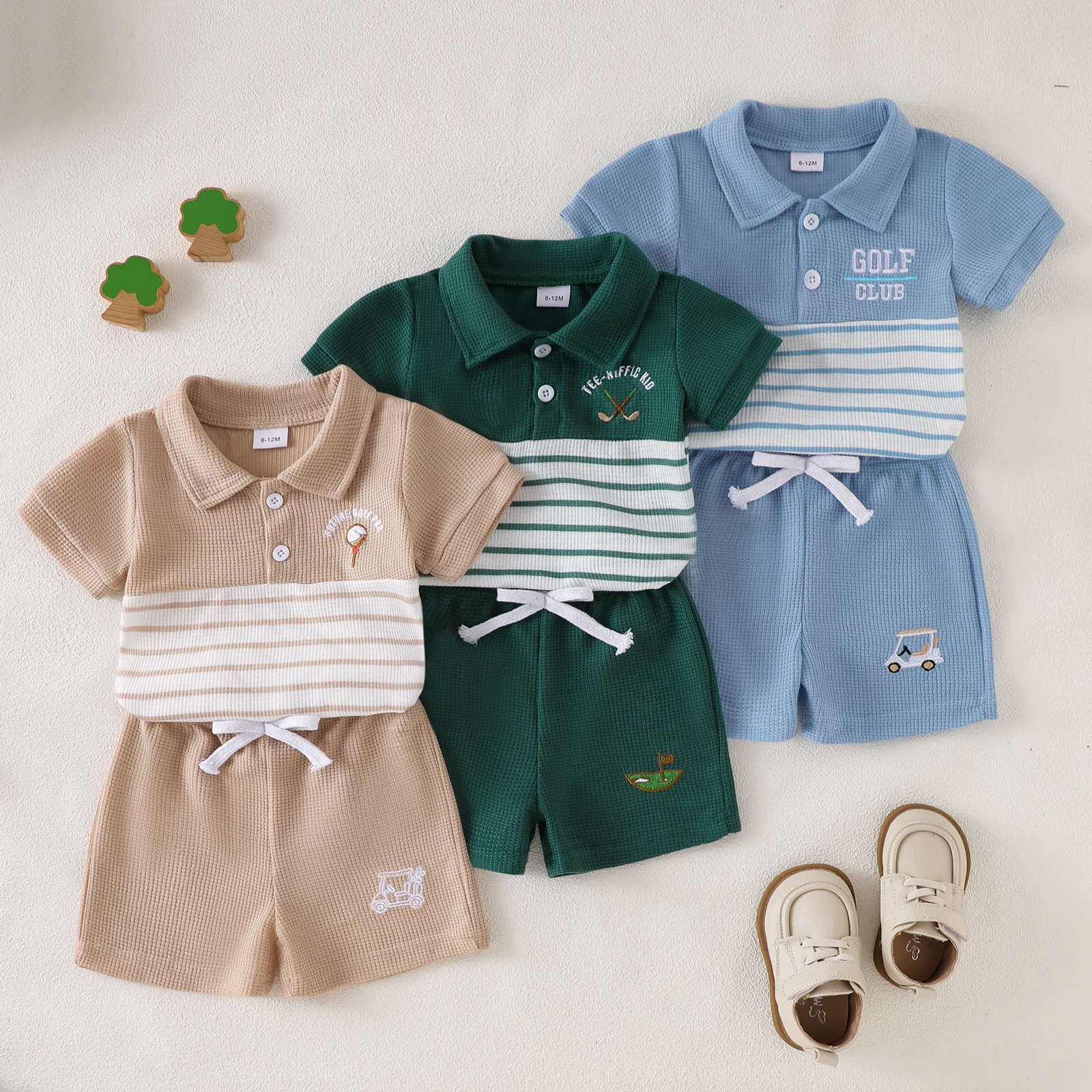 Toddler Boys Summer Outfits Stripe Letter Golf Elements Print Short Sleeve T-Shirts Elastic Waist Shorts Clothes Set