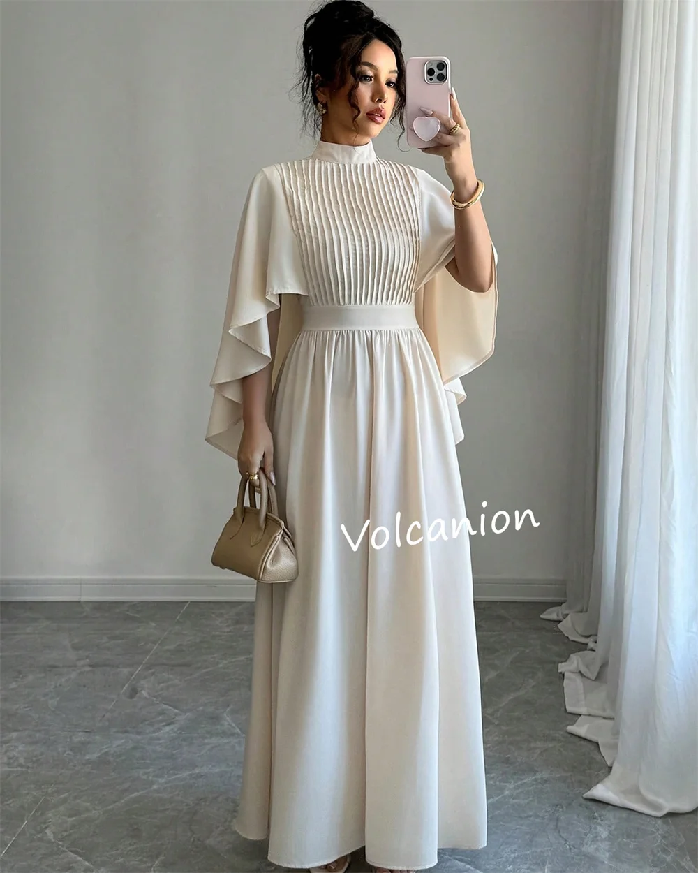 تخصيص الشيفون كشكش الطية ألف خط الياقة العالية فساتين متوسطة الطول مناسبة مخصصة العودة للوطن عادية بسيطة أنيقة