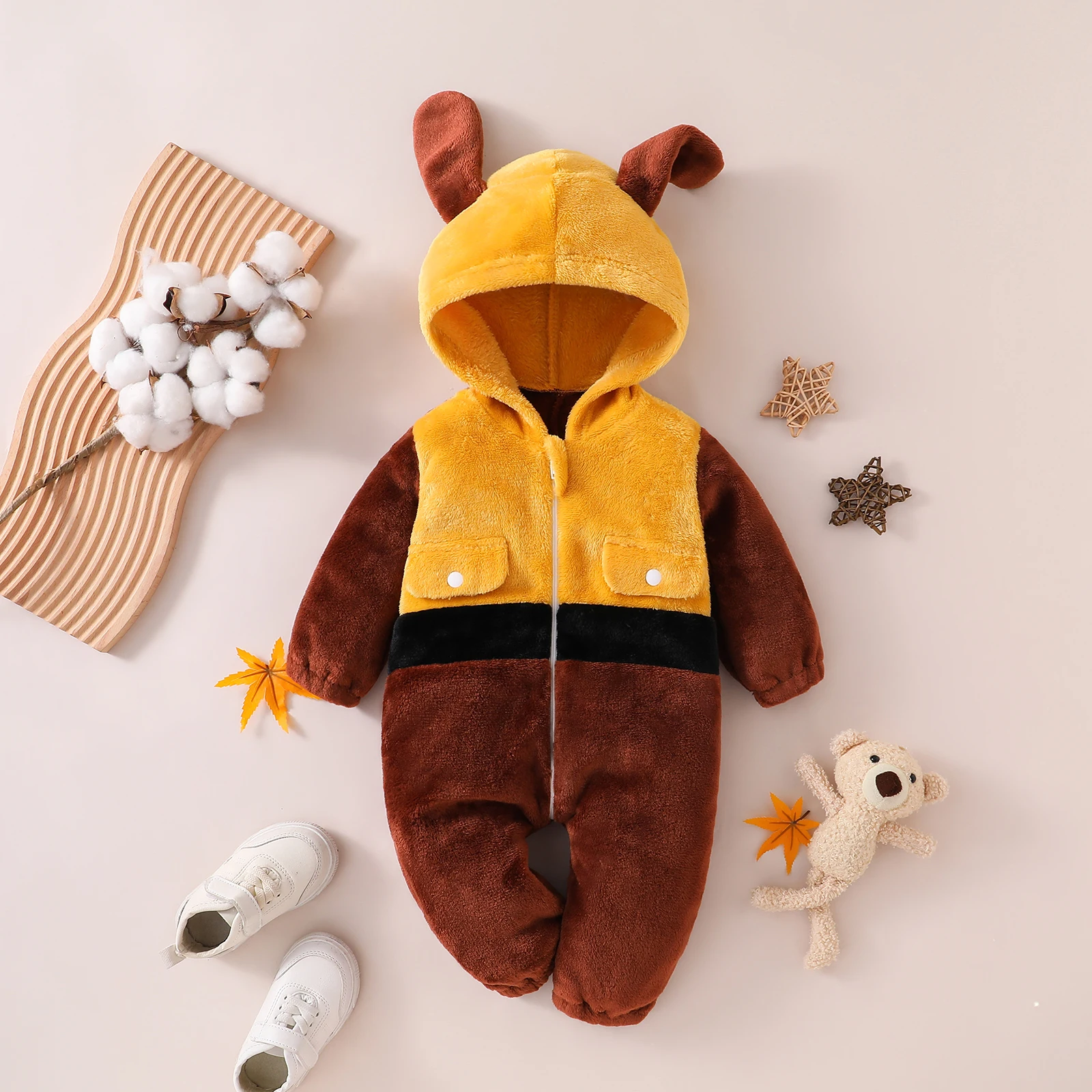 

Tregren Toddler Baby Yellow Dog Costume Halloween Plush Long Sleeve Hood Zip Up Full Length Jumpsuit Fall Winter Kids Rompers