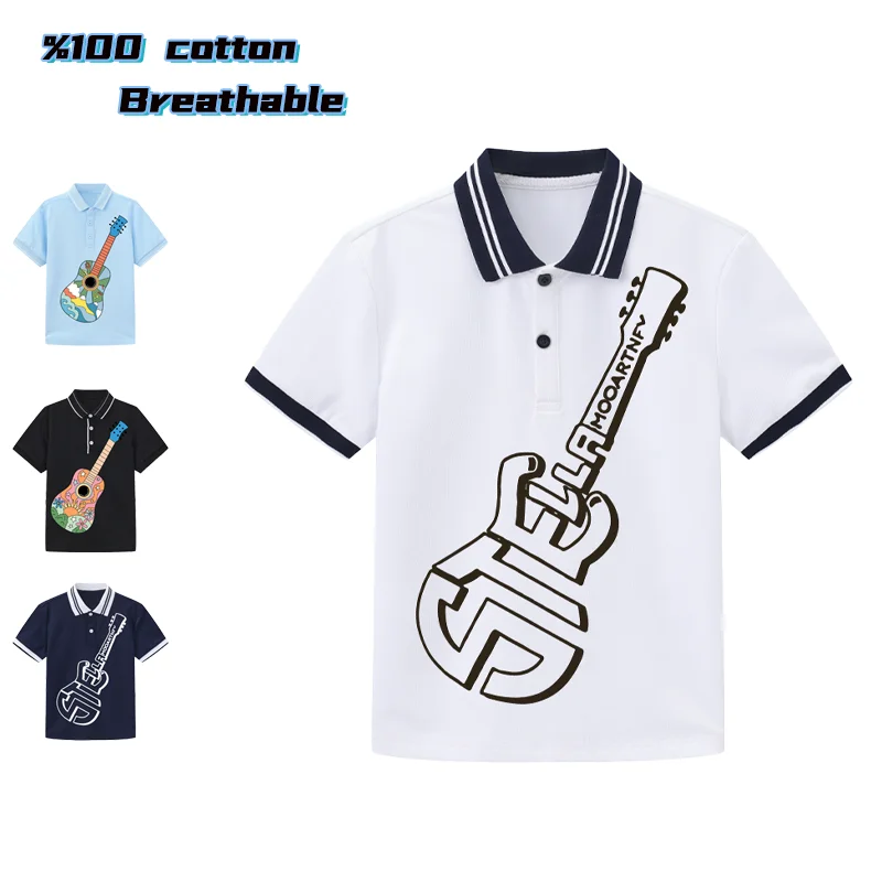 Fun prints Kids short sleeve summer 2026 new guitar graphics baby boys Polo shirt fashion Street casual wear children lapel top