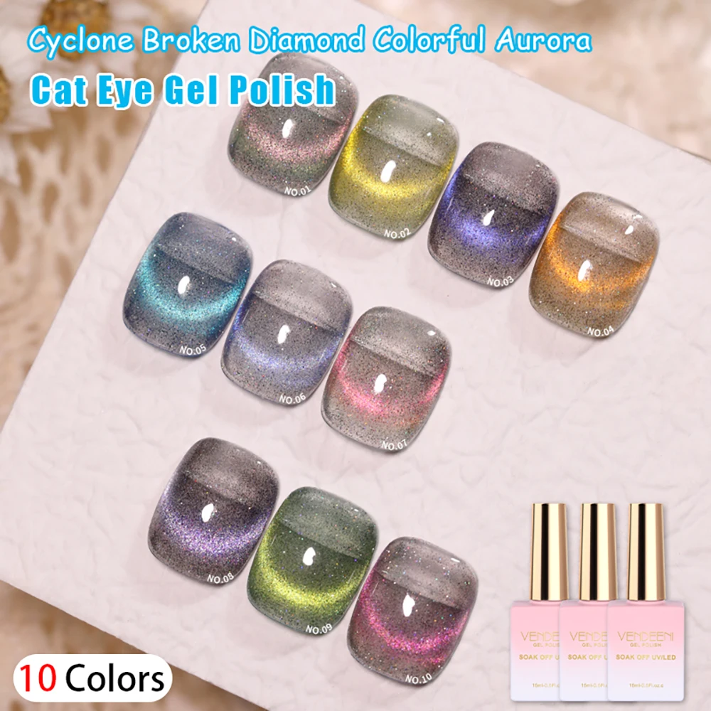 

Vendeeni 10 Colors Colorful Aurora Broken Diamond Cat Eye Gel Nail Polish Galaxy Cyclone Magnetic UV LED Soak Off Gel Varnish