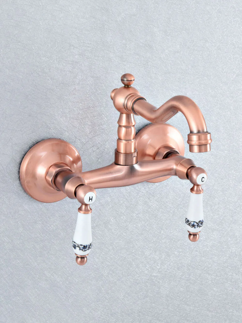 

Antique Red Copper Bathroom Kitchen Sink Basin Faucet Mixer Tap Swivel Spout Wall Mounted Dual Ceramic Handles Lsf893