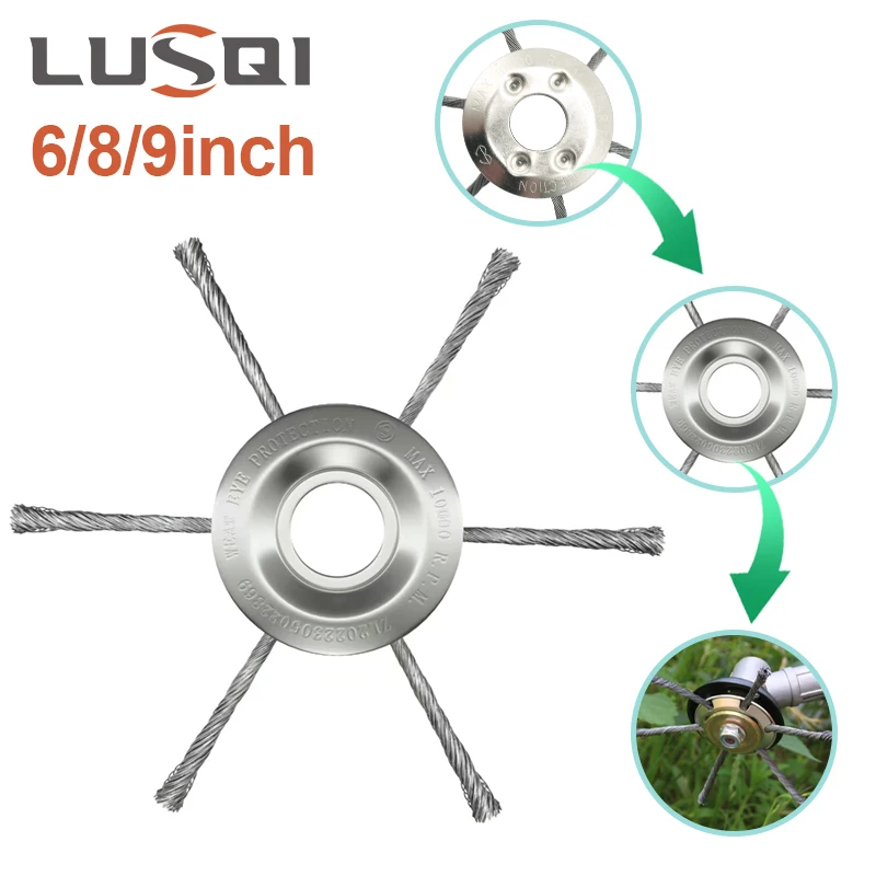 LUSQI Steel Wire Grass Trimmer Head 6inch Reinforced Universal Weed Brush Fit Straight Shaft Brushcutter Removal Moss Rust 1/2PC