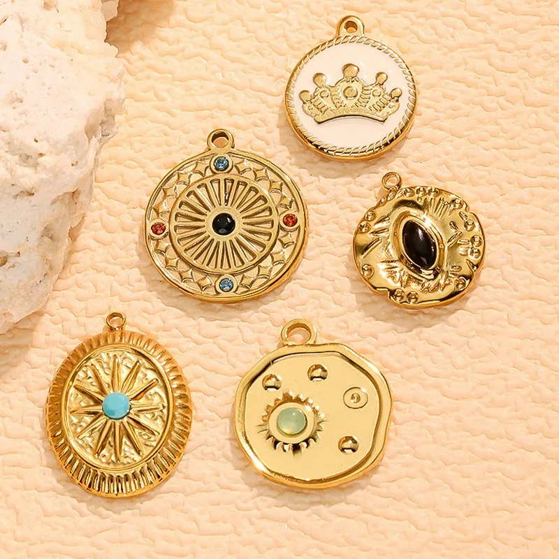 Women's Vintage Round Disc Micro-Set Turquoise Cat's Eye DIY Earrings Necklace Pendant Stainless Steel Jewelry