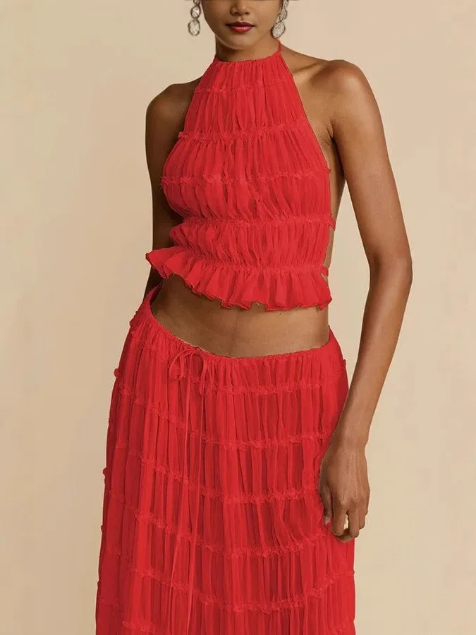 

Summer Women's Clothing Sleeveless Backless Halter Neck Sexy Matching Sets Elegant Long Skirt Two Piece Set Polyester Fabric