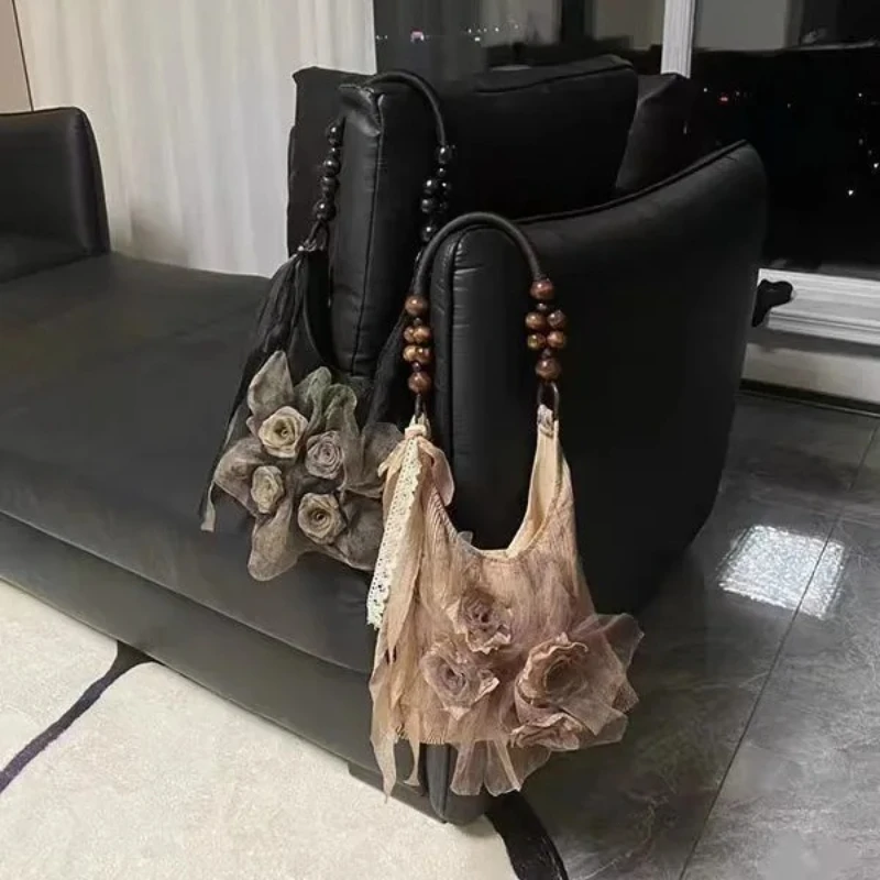 

Chinese Style Rose Decor Shoulder Bags Fashion Commuter Tote Bags Classic Pleated Handbags High Quality Women Underarm Bags