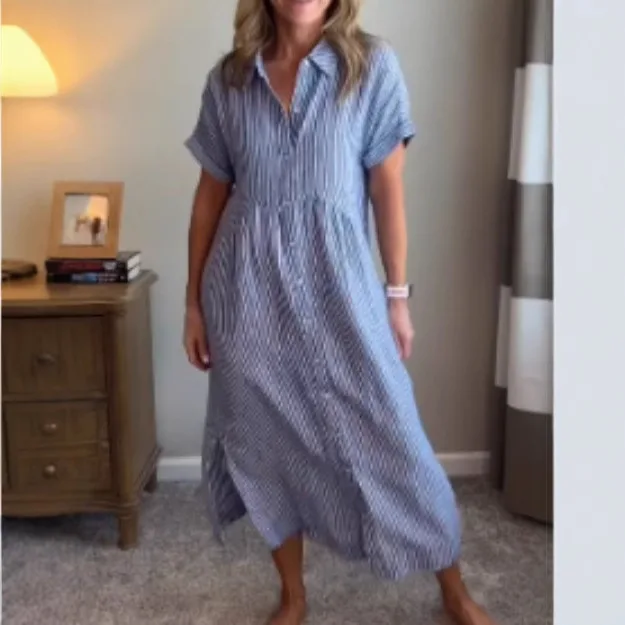 Vestido de praia feminino listrado lapela botão para baixo camisa vestido com bolsos verão manga curta a linha vestido longo moda feminina outfit