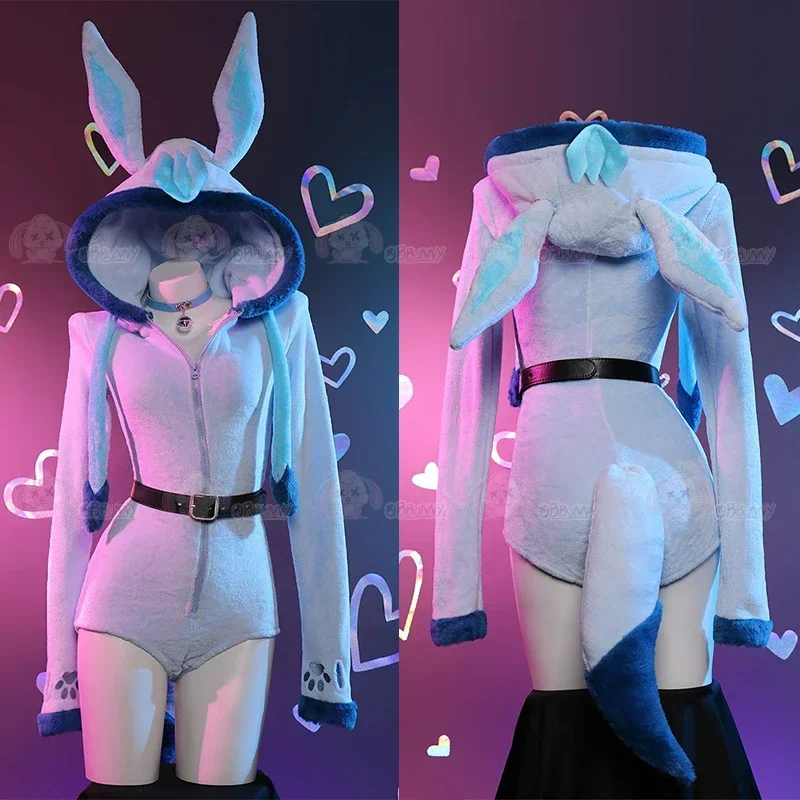 

Fluffy Bodycon Romper Sexy Lingerie Anime Derivative Blue Furry Hooded Bodysuit Vaporeon cosplay Homewear with Tail Belt Socks