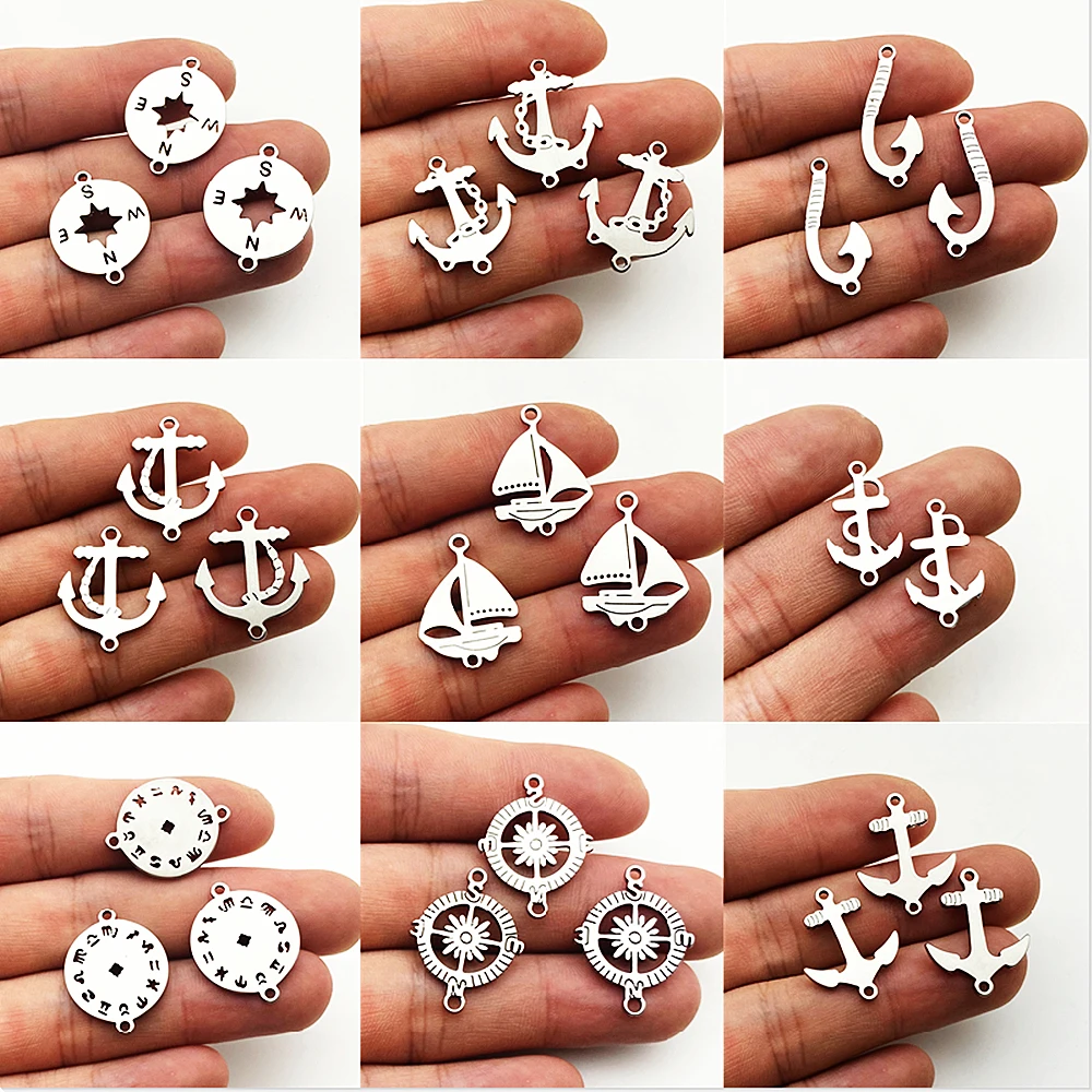 5Pcs/Lot 10-20Types Stainless Steel Nautical Charm Tiny Anchor Cross Rudder Boat Charms Personal Wish Jewelry Diy Making Finding