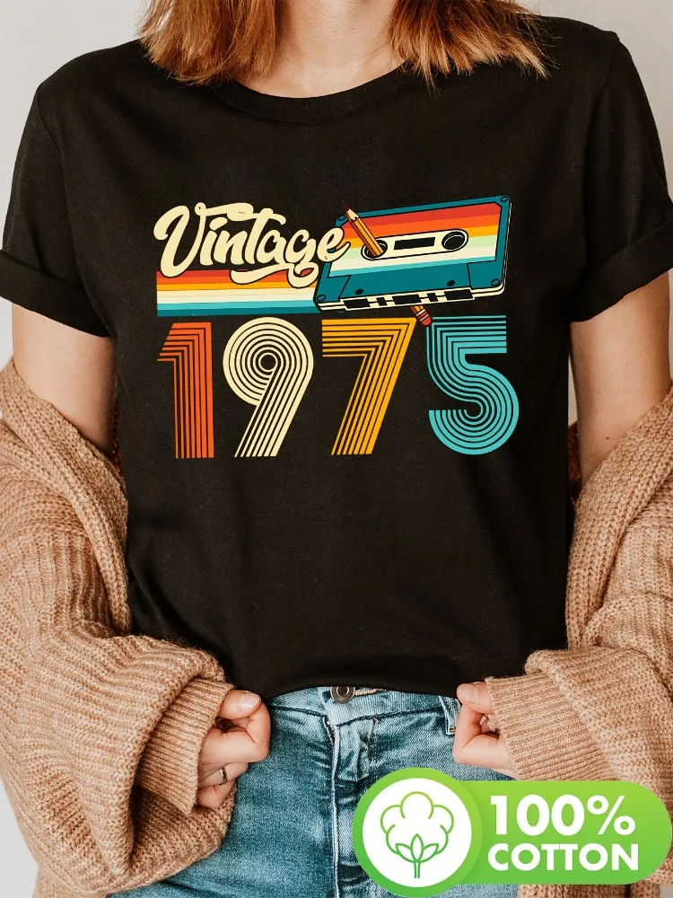 1975 Disk Pencil Vintage Birthday Gift Print TShirt Short Sleeve Crew Neck Casual Top Spring, Summer Fall Winter All-Season Wear