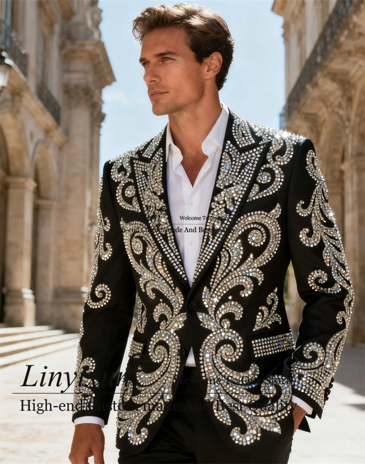 

High End Rhinestone Diamond Men Suits For Wedding 2 Pieces Sets Groom Male Blazers Customized Handsome Slim Tuxedos Ropa homre