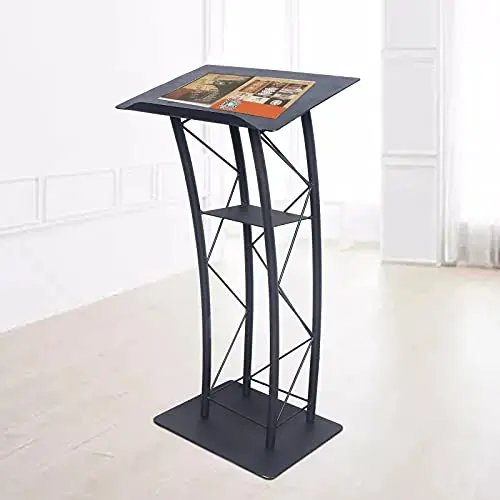 Black Metal Curved Presentation Podium With Storage Shelf And Beverage Holder For Church Office School Conference Use