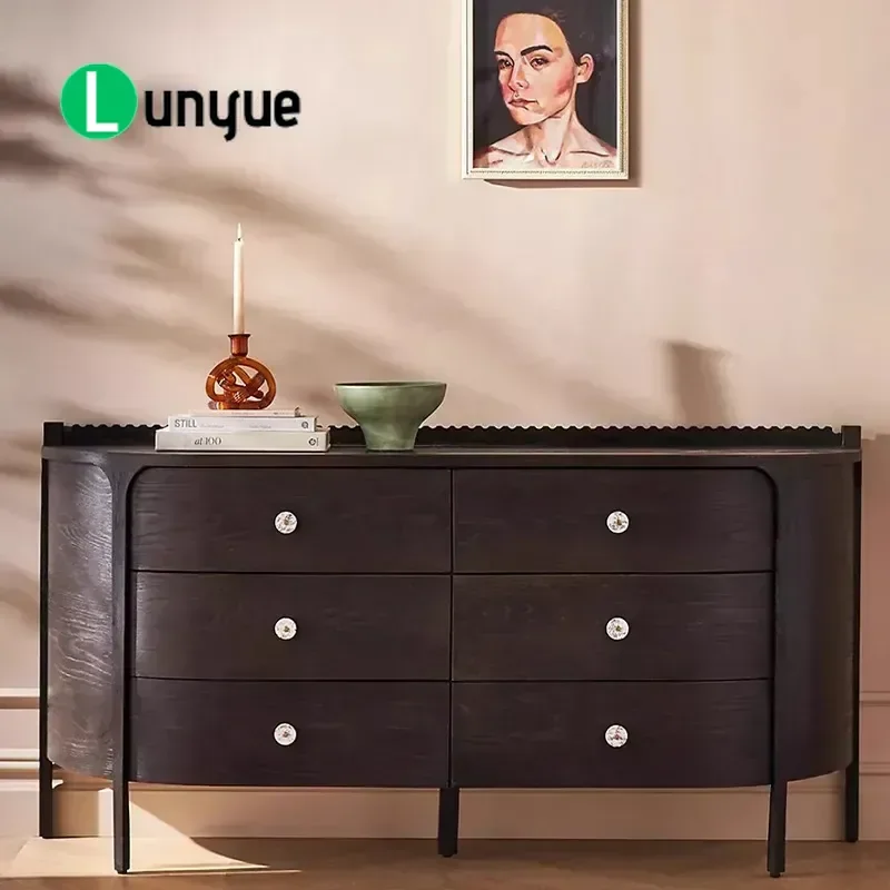 American Light Luxury Solid Wood 6 Drawer Chest Simple Black Decorative Cabinet French Rural Retro Style for Dining Room