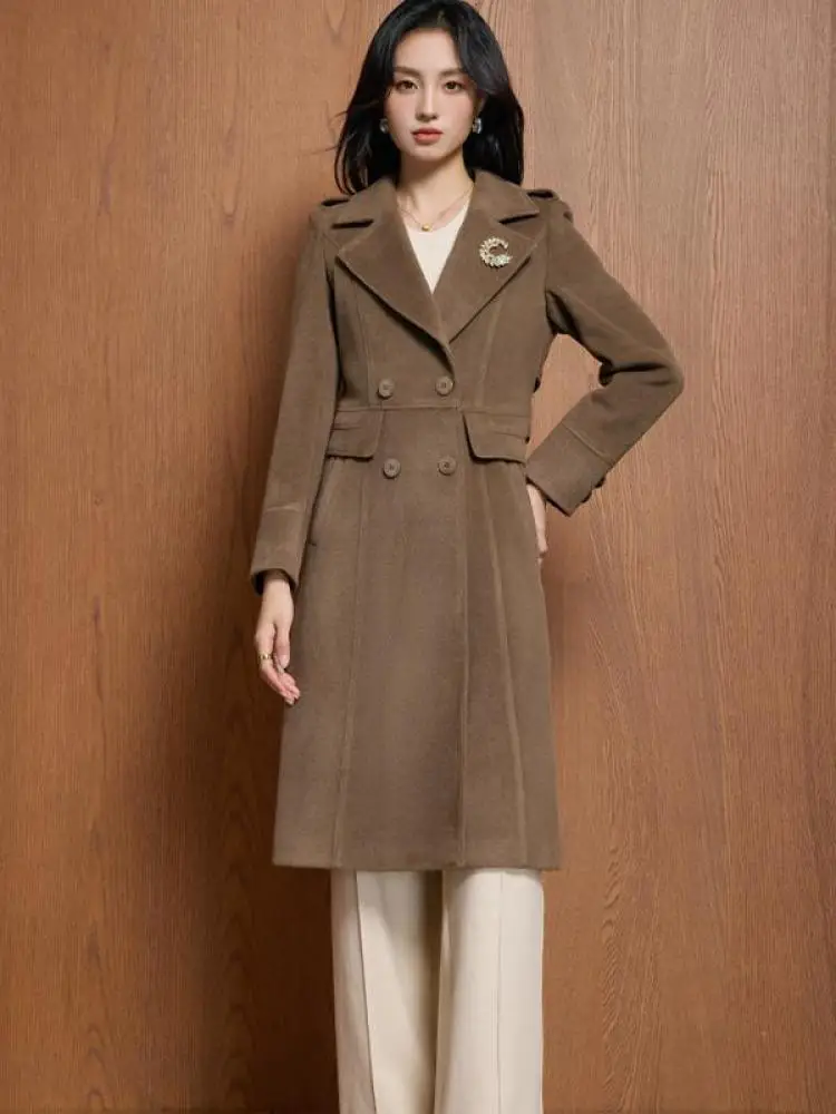

Korean Solid Long Sleeved Double Breasted Slim Woolen Coat Autumn Winter Women Temperament Professional Office Overcoat Popular