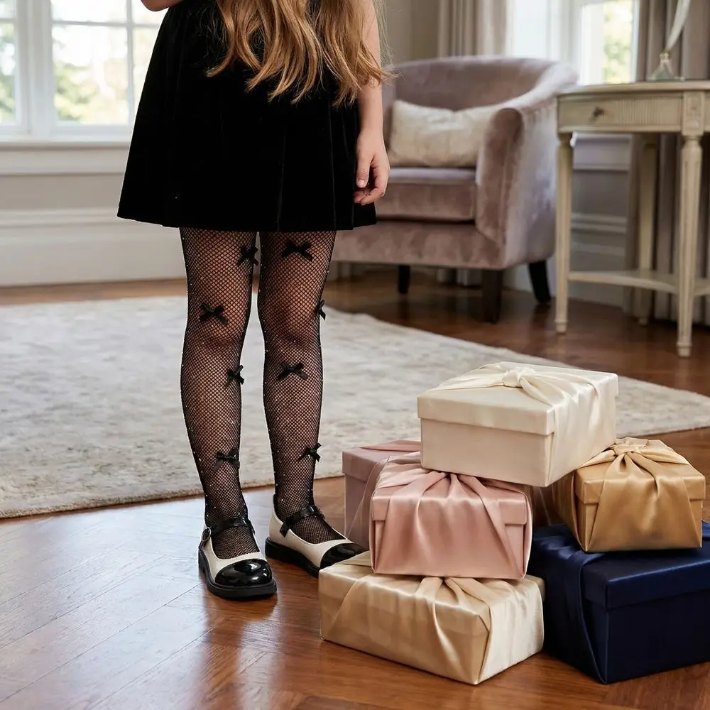Colorful Children Rhinestone Fishnet Tights Breathable Bow Accents Girls Mesh Pantyhose Net Texture Nylon Hollow-Out Leggings JK