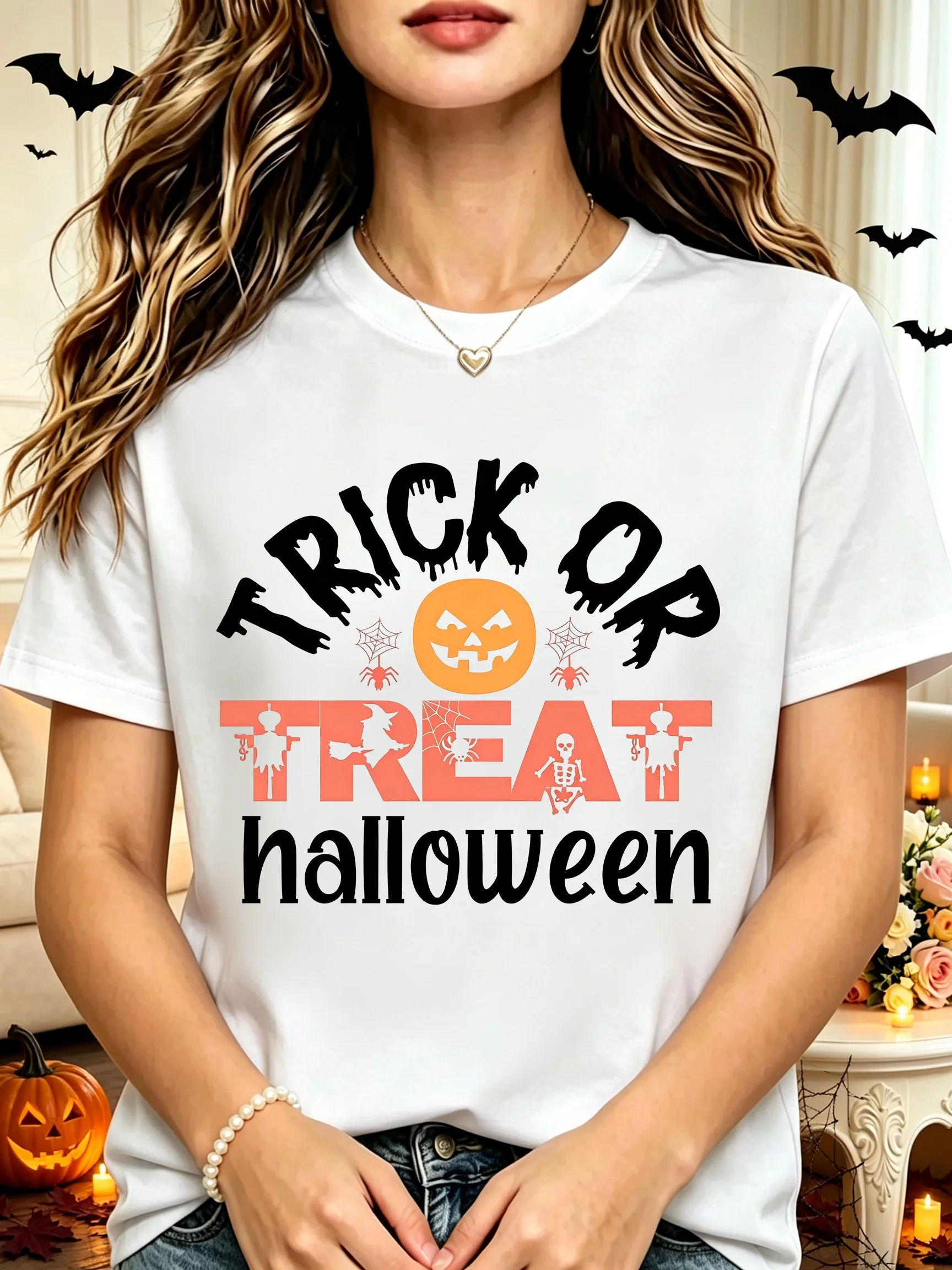 Trick or Treat Halloween Print Family Matching T Shirt Women Parent Short Sleeve Tee for Halloween Party Casual Outfit Tops