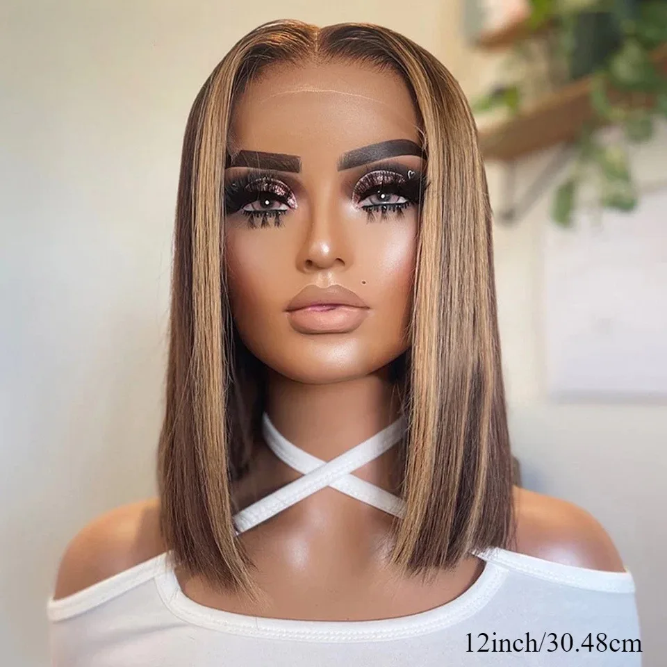 شعر مستعار أومبير بوب شعر بشري 4/27 أشقر عسلي إلى بني متدرج - كثافة 200% 13x4 HD شعر مستقيم بدانتيل أمامي مقطوع مسبقًا