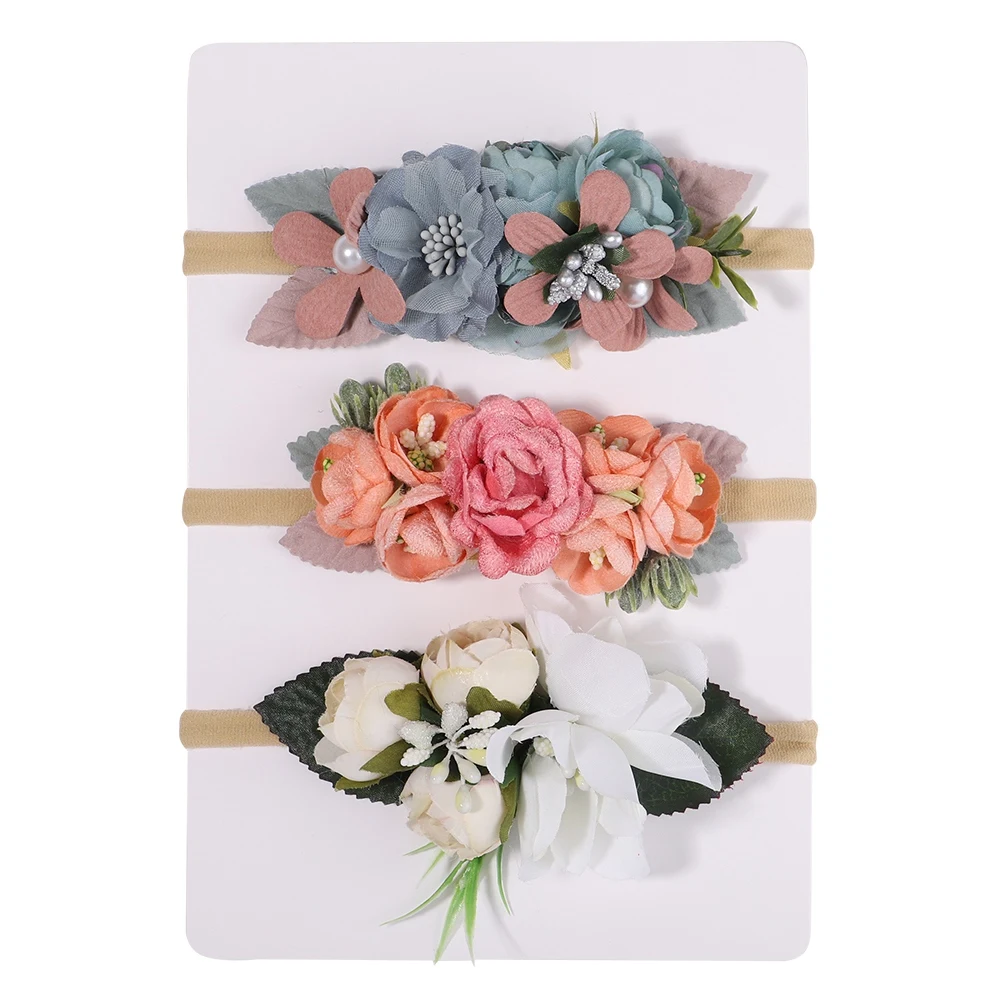 ชุดที่คาดผมดอกไม้ประดิษฐ์สำหรับเด็กผู้หญิง 3 ชิ้น ชุดที่คาดผมงานแต่งงานแสนหวาน ที่คาดผมดอกไม้สำหรับเด็กเล็ก ยางยืดไนลอน อุปกรณ์เสริมสำหรับผม