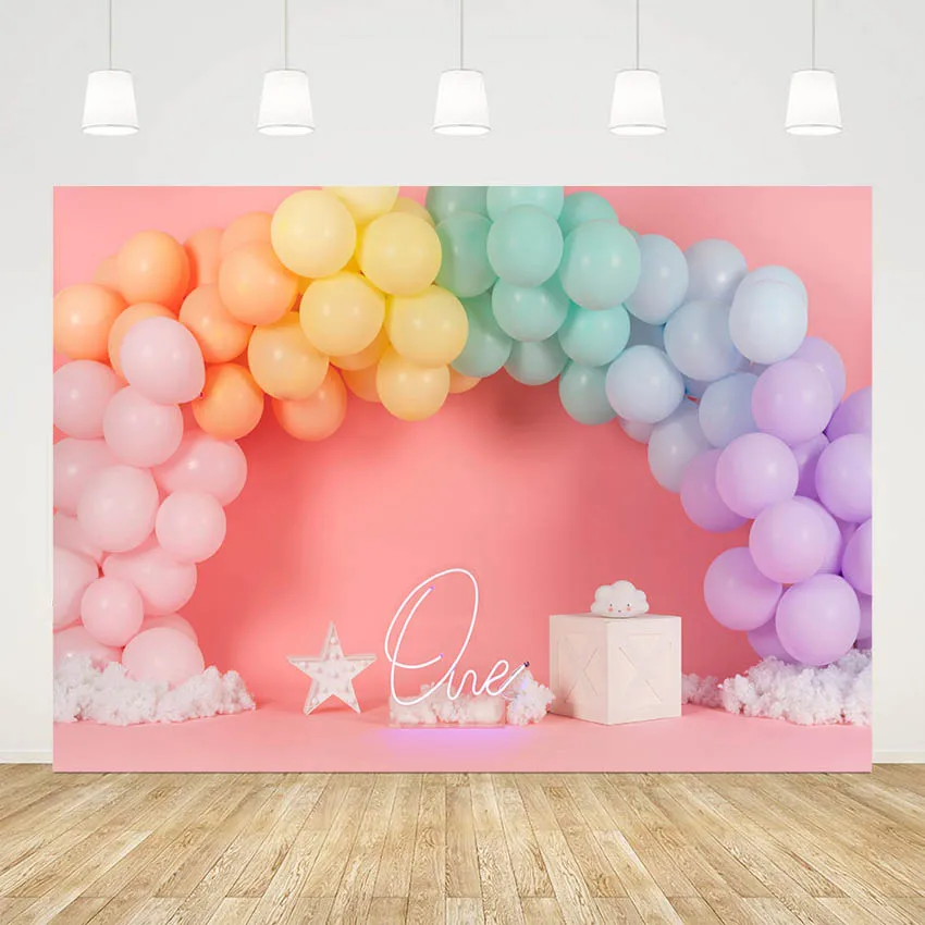 

Mehofond Photography Background Pink Rainbow Balloon White Clouds Stars Girl 1st Birthday Cake Smash Decor Backdrop Photo Studio