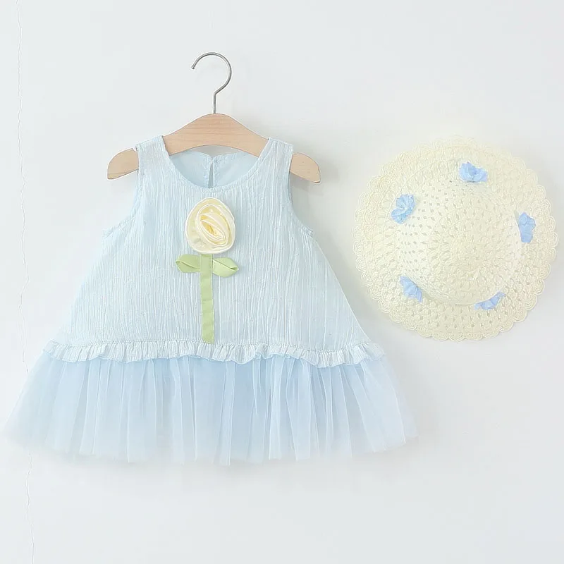 

2Piece Summer Toddler Girl Dresses Korean Fashion Flower Sleeveless Mesh Baby Princess Dress+Sunhat Boutique Kids Clothing B048