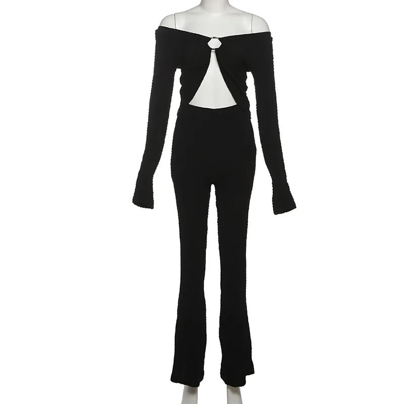 

Fall 2 Piece Set Women Metal Rings Patchwork Slash Neck Irregular Crop Tops+Long Pant Elegant Matching Street Outfits