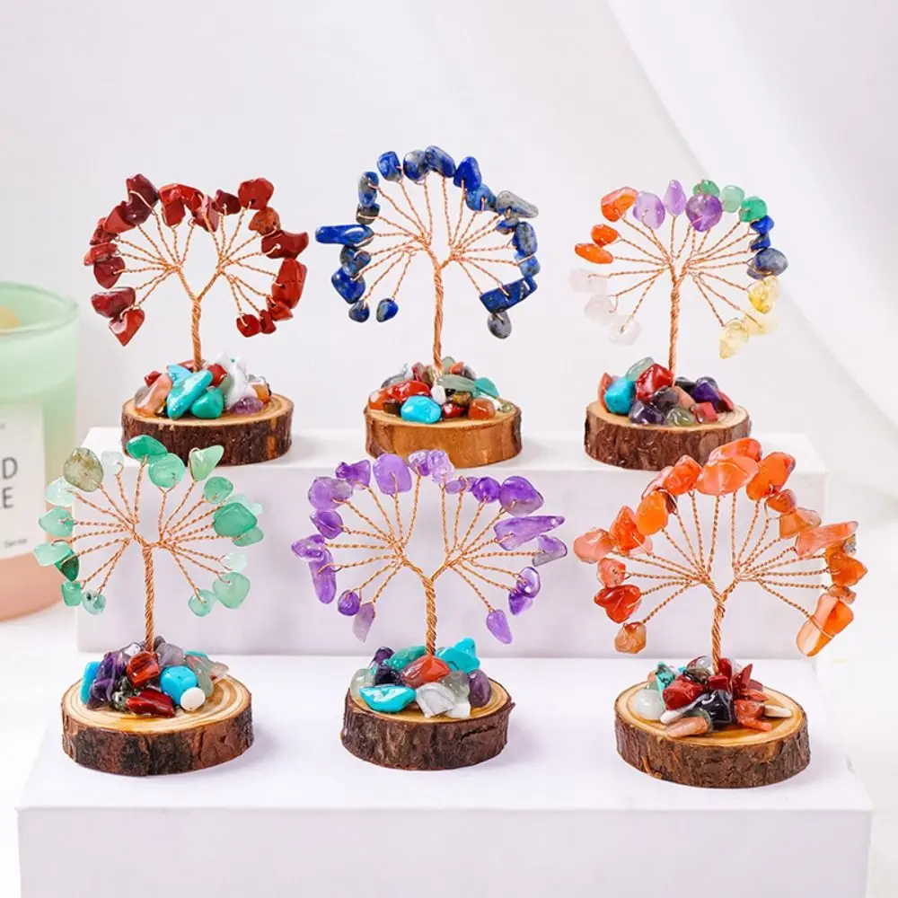 Multicolor Mini Crystal Trees Positive Energy with Wooden Pile Base Crystal Wishing Tree Natural Creative Fortune Tree Figurine