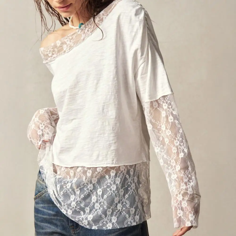 

Богемные женские топы с асимметричным вырезом, кружевными манжетами, спущенным плечом, элегантные однотонные топы с кружевными вставками и эффектом многослойности