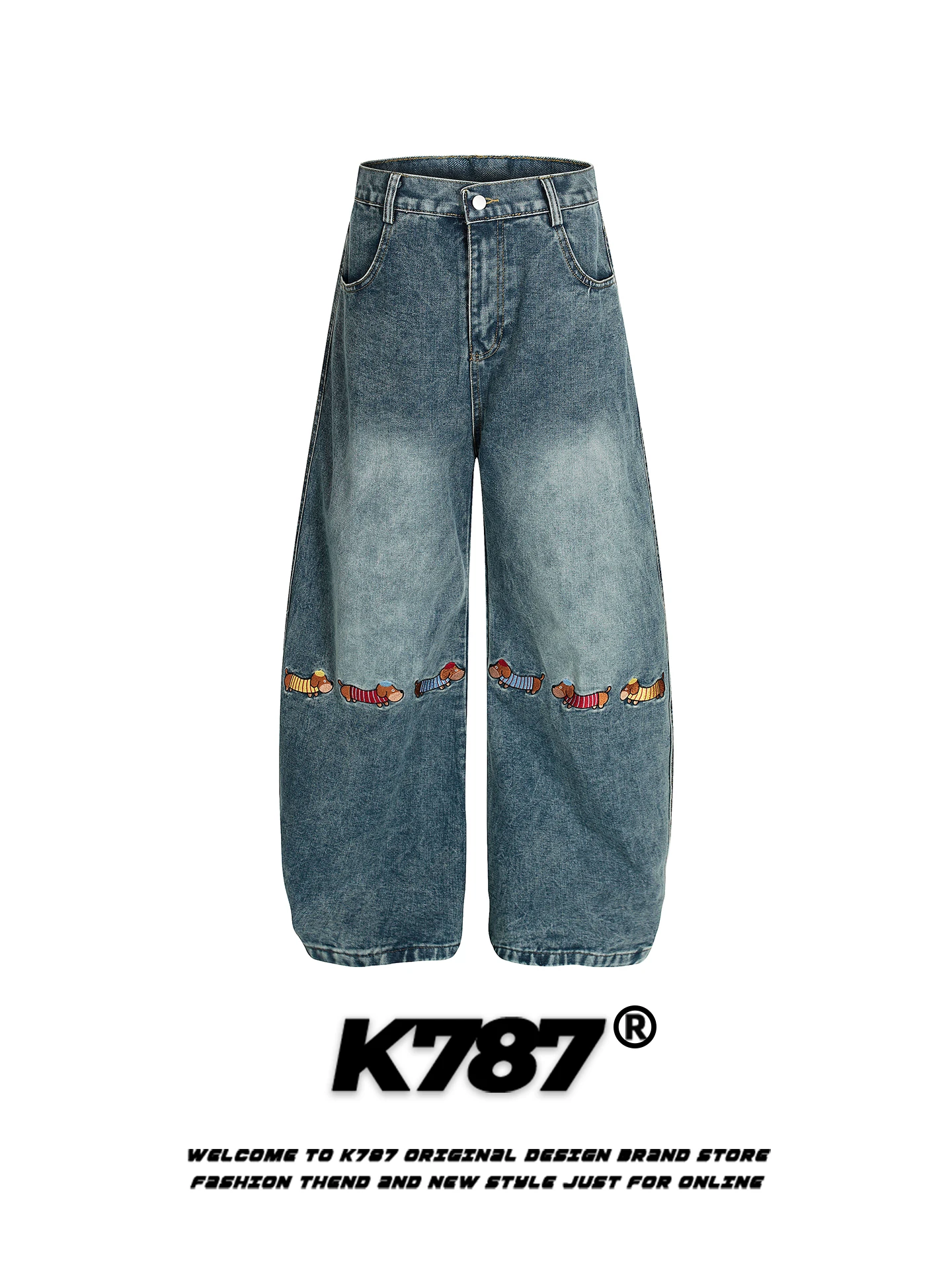 

Retro American Embroidered Sausage Dog Knife Casual Loose High Waist Wide Leg Jeans for Men And Women Trendy Brand Denim Pants