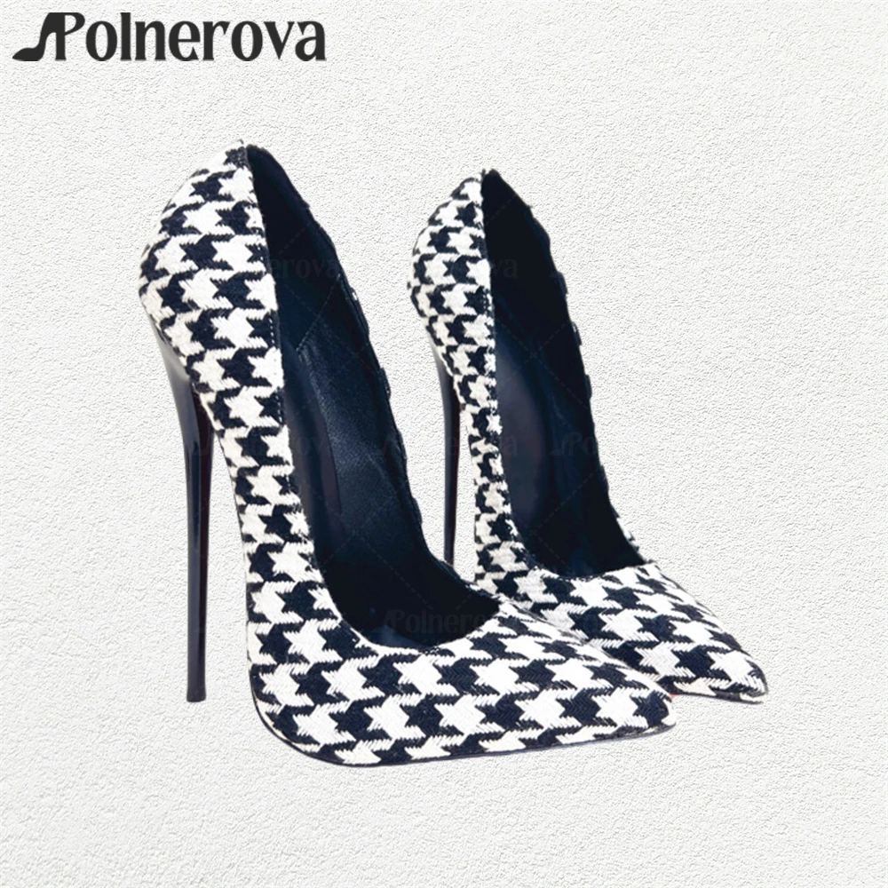 

Black and White Houndstooth Extreme Pumps Sexy Pointed Stilettos 16cm Lacquered Slip-On High Heels for Women Customizable Colors