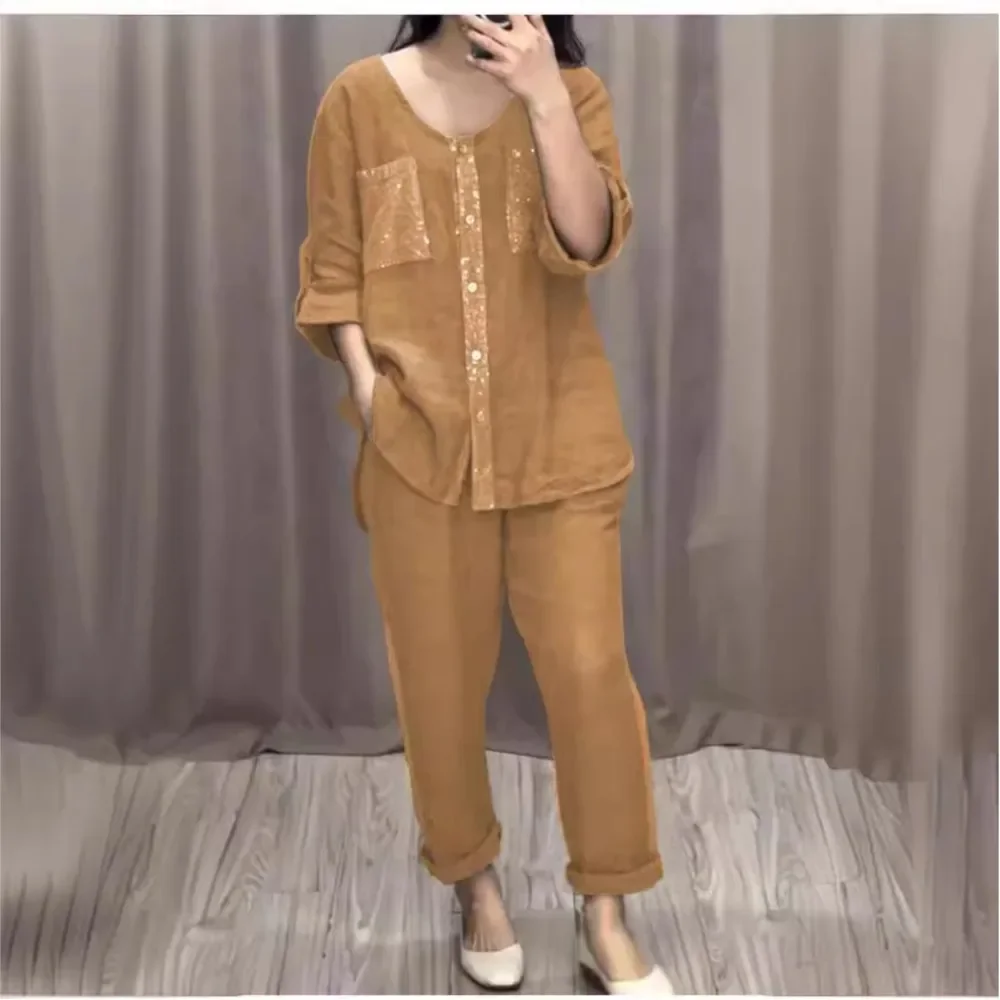 

Модная цветная повседневная рубашка с карманами, женский костюм, весенне-осенний тонкий брюки с семиточечными рукавами, однотонный женский офисный комплект из 2 предметов